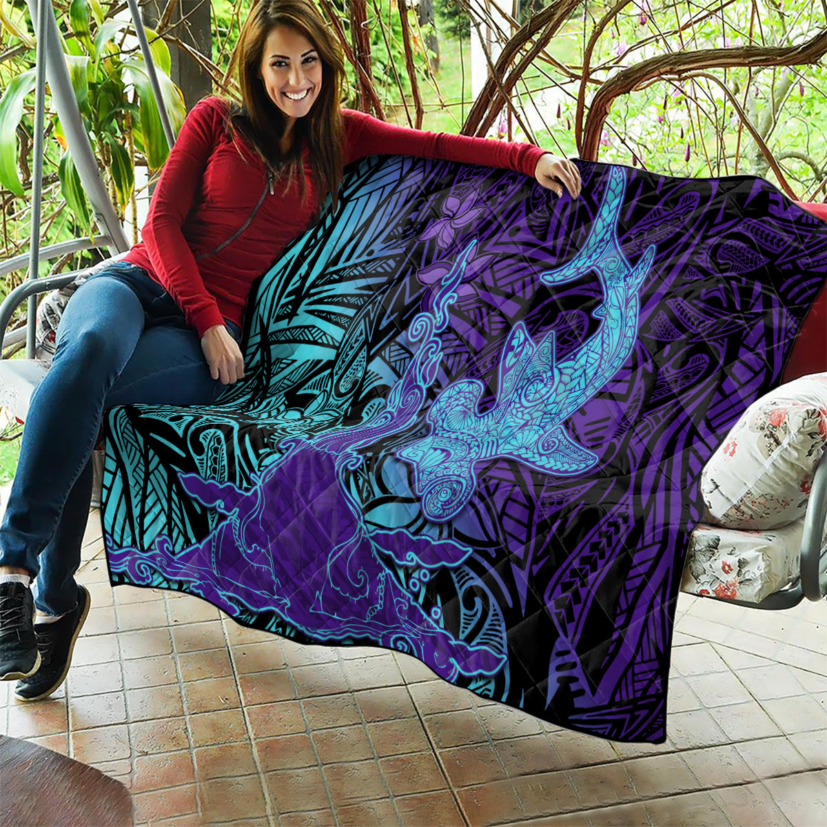 Hawaiian Volcano and Shark Quilt Polynesian and Hibiscus Pattern Purple Cyan Gradient LT03 - Polynesian Pride