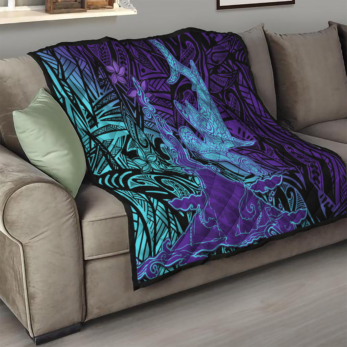 Hawaiian Volcano and Shark Quilt Polynesian and Hibiscus Pattern Purple Cyan Gradient LT03 - Polynesian Pride