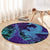 Hawaiian Volcano and Shark Round Carpet Polynesian and Hibiscus Pattern Purple Cyan Gradient