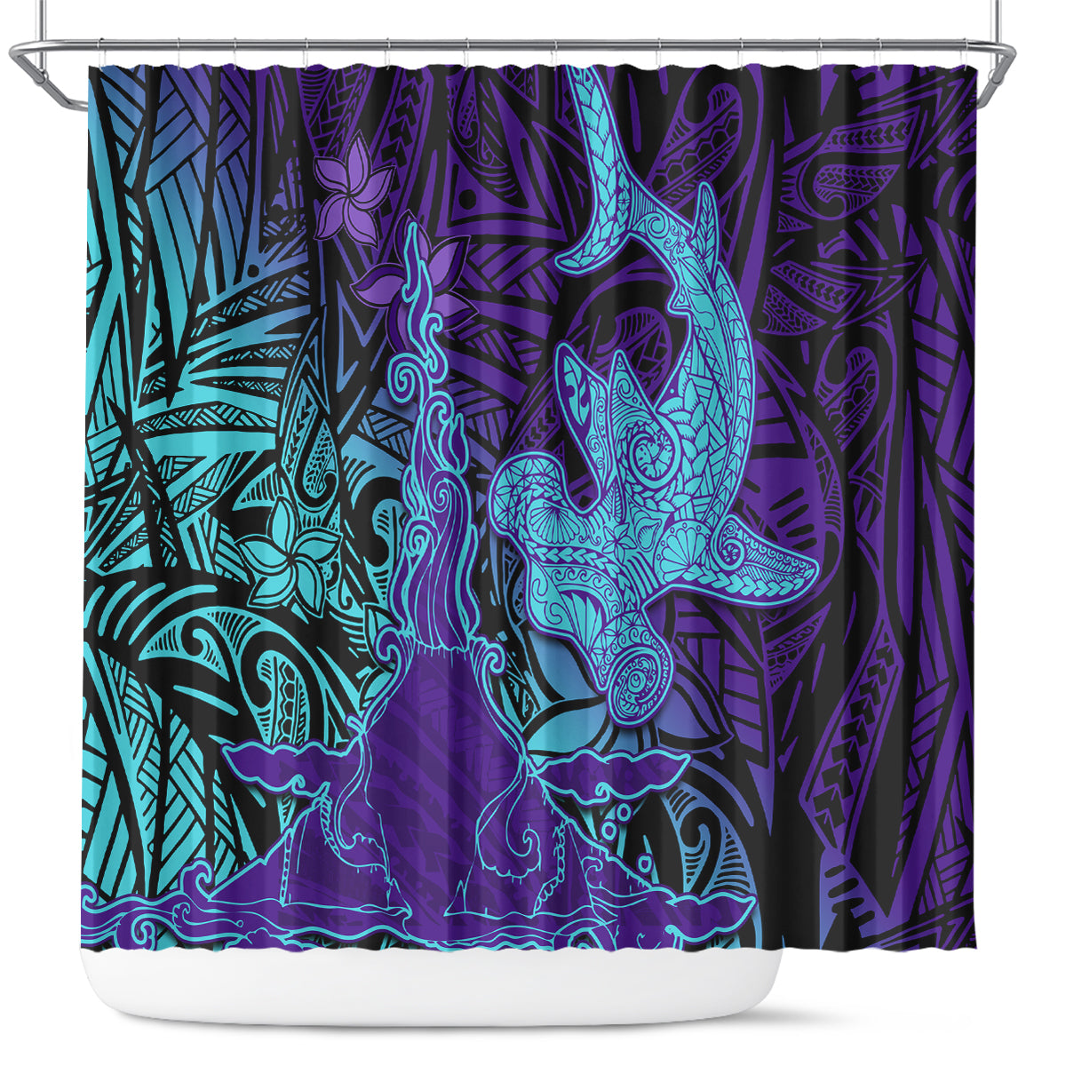 Hawaiian Volcano and Shark Shower Curtain Polynesian and Hibiscus Pattern Purple Cyan Gradient