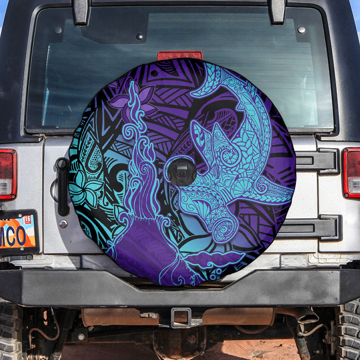 Hawaiian Volcano and Shark Spare Tire Cover Polynesian and Hibiscus Pattern Purple Cyan Gradient LT03 Purple - Polynesian Pride
