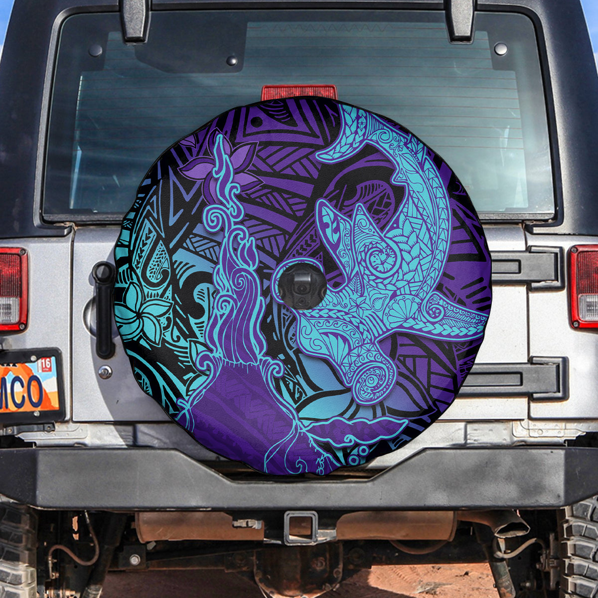 Hawaiian Volcano and Shark Spare Tire Cover Polynesian and Hibiscus Pattern Purple Cyan Gradient
