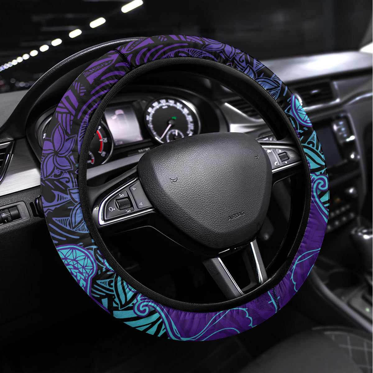 Hawaiian Volcano and Shark Steering Wheel Cover Polynesian and Hibiscus Pattern Purple Cyan Gradient