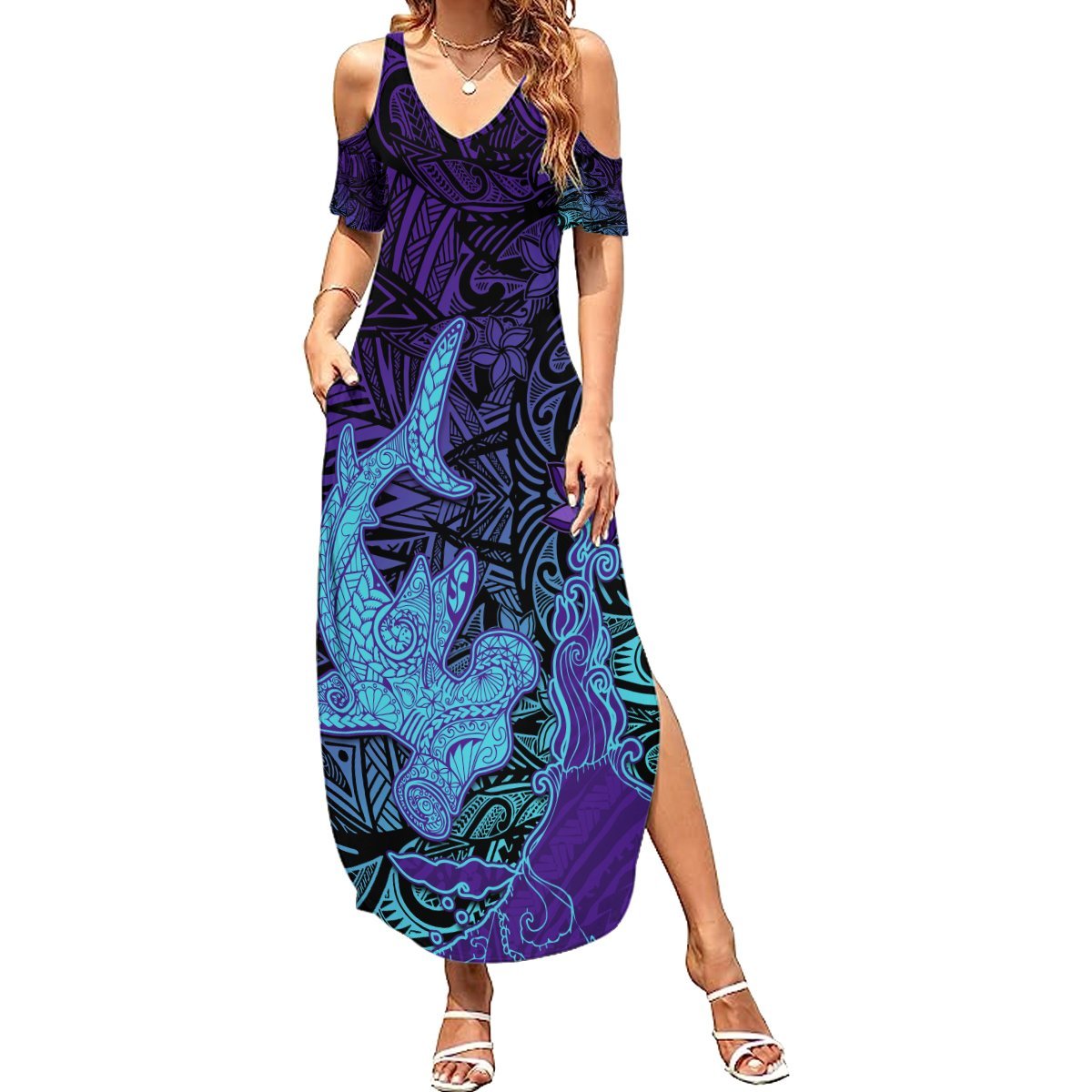 Hawaiian Volcano and Shark Summer Maxi Dress Polynesian and Hibiscus Pattern Purple Cyan Gradient LT03 Women Purple - Polynesian Pride