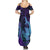 Hawaiian Volcano and Shark Summer Maxi Dress Polynesian and Hibiscus Pattern Purple Cyan Gradient