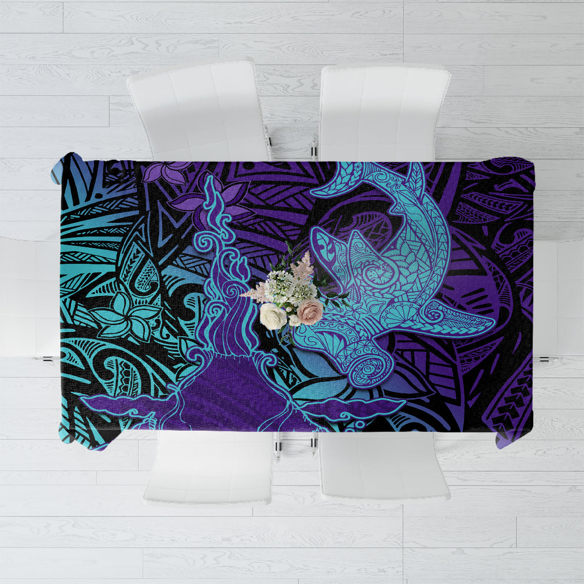 Hawaiian Volcano and Shark Tablecloth Polynesian and Hibiscus Pattern Purple Cyan Gradient