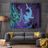 Hawaiian Volcano and Shark Tapestry Polynesian and Hibiscus Pattern Purple Cyan Gradient LT03 - Polynesian Pride