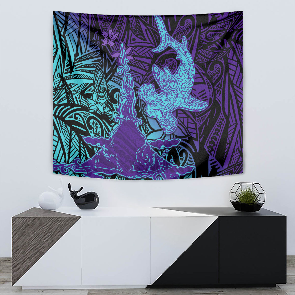 Hawaiian Volcano and Shark Tapestry Polynesian and Hibiscus Pattern Purple Cyan Gradient LT03 - Polynesian Pride