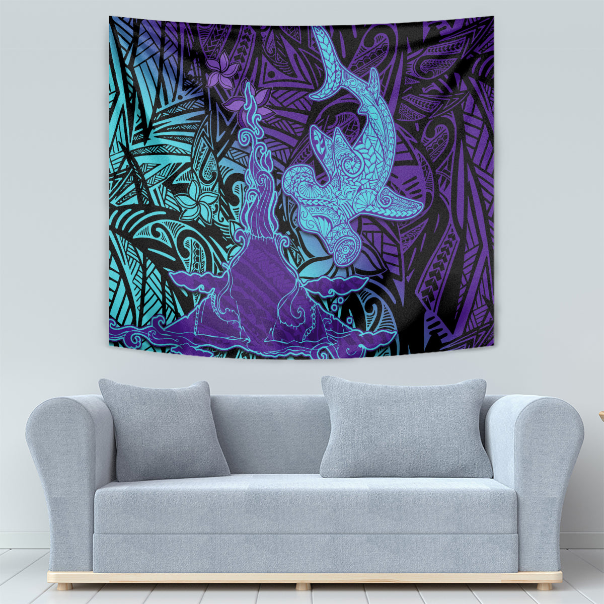 Hawaiian Volcano and Shark Tapestry Polynesian and Hibiscus Pattern Purple Cyan Gradient LT03 - Polynesian Pride