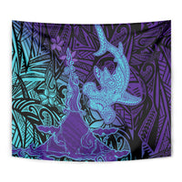 Hawaiian Volcano and Shark Tapestry Polynesian and Hibiscus Pattern Purple Cyan Gradient LT03 - Polynesian Pride