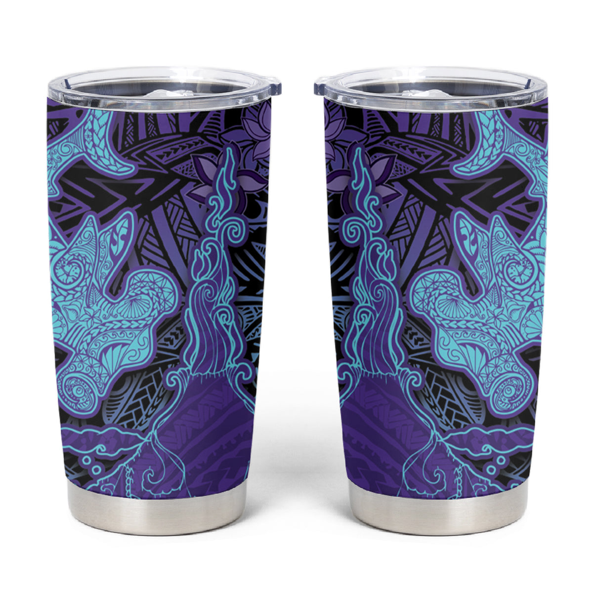 Hawaiian Volcano and Shark Tumbler Cup Polynesian and Hibiscus Pattern Purple Cyan Gradient LT03 Purple - Polynesian Pride