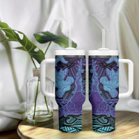 Hawaiian Volcano and Shark Tumbler With Handle Polynesian and Hibiscus Pattern Purple Cyan Gradient LT03 - Polynesian Pride