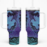 Hawaiian Volcano and Shark Tumbler With Handle Polynesian and Hibiscus Pattern Purple Cyan Gradient LT03 One Size: 40 oz Purple - Polynesian Pride