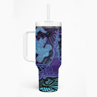Hawaiian Volcano and Shark Tumbler With Handle Polynesian and Hibiscus Pattern Purple Cyan Gradient LT03 - Polynesian Pride