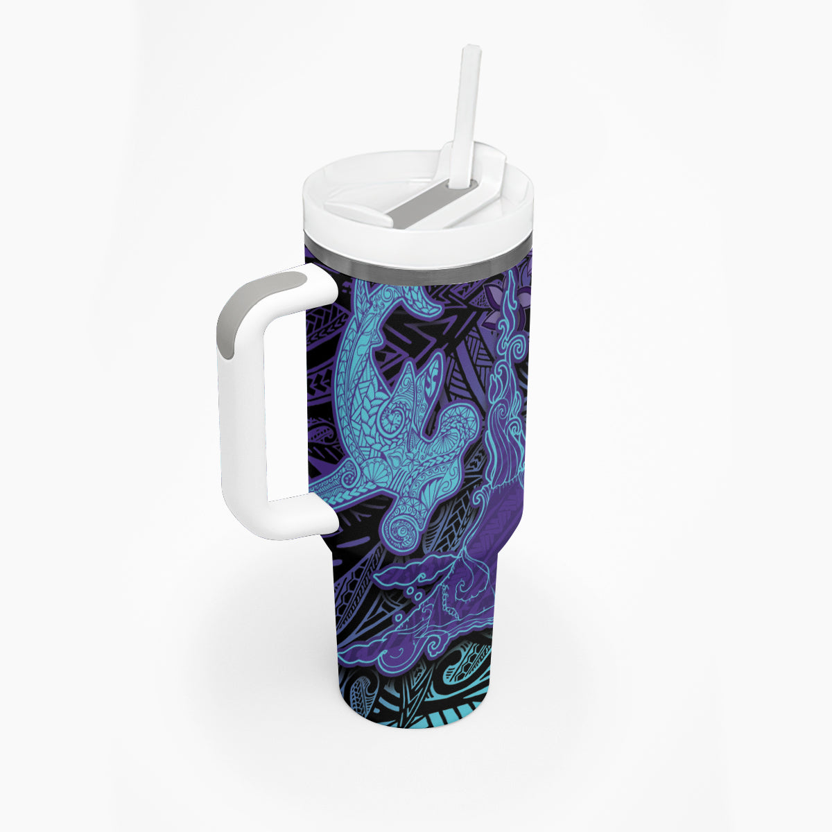 Hawaiian Volcano and Shark Tumbler With Handle Polynesian and Hibiscus Pattern Purple Cyan Gradient LT03 - Polynesian Pride