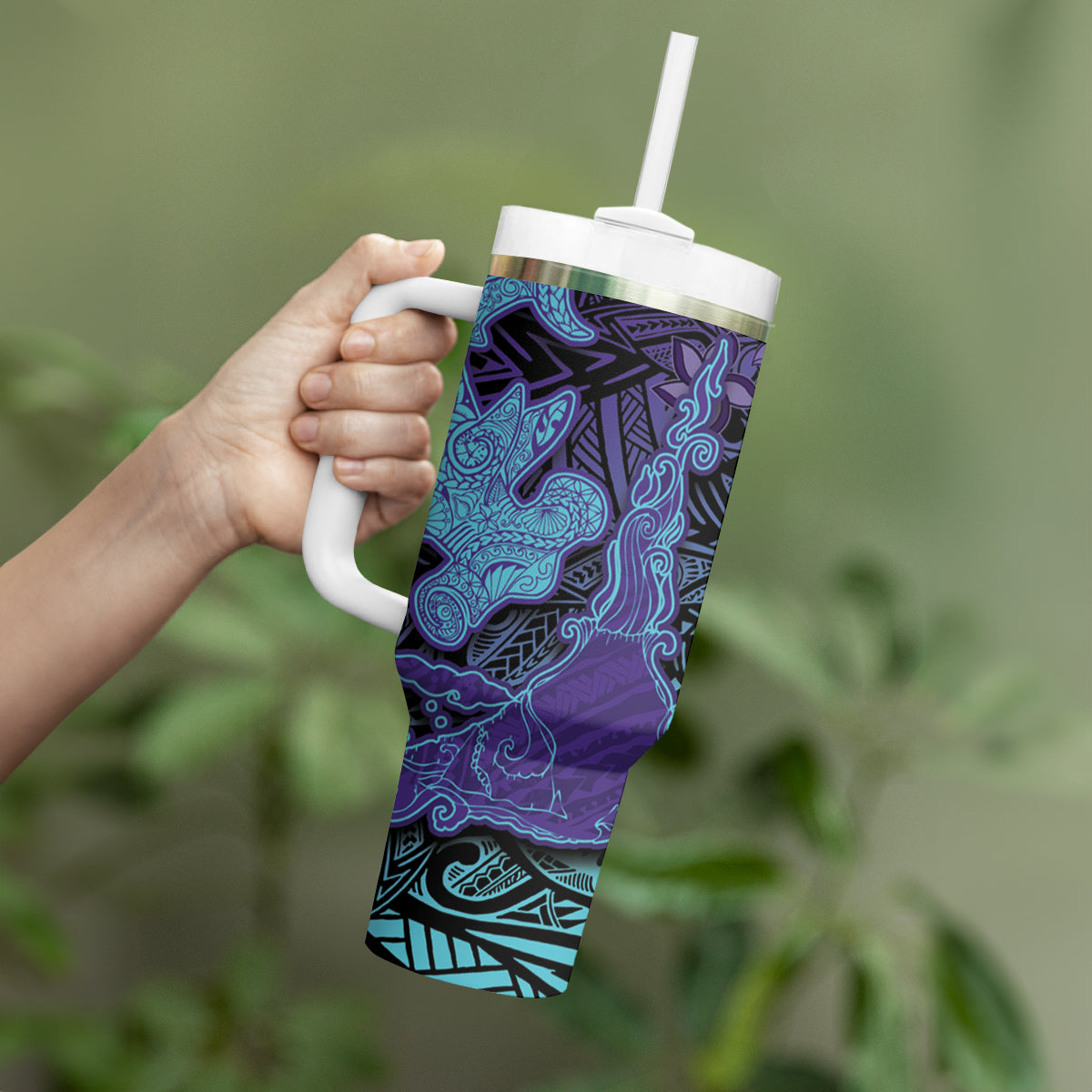 Hawaiian Volcano and Shark Tumbler With Handle Polynesian and Hibiscus Pattern Purple Cyan Gradient LT03 - Polynesian Pride