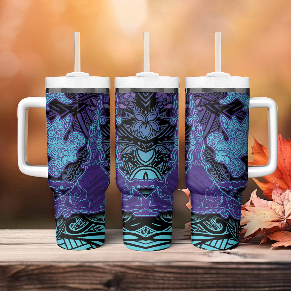 Hawaiian Volcano and Shark Tumbler With Handle Polynesian and Hibiscus Pattern Purple Cyan Gradient LT03 - Polynesian Pride