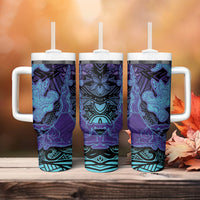 Hawaiian Volcano and Shark Tumbler With Handle Polynesian and Hibiscus Pattern Purple Cyan Gradient LT03 - Polynesian Pride