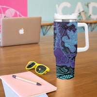 Hawaiian Volcano and Shark Tumbler With Handle Polynesian and Hibiscus Pattern Purple Cyan Gradient LT03 - Polynesian Pride