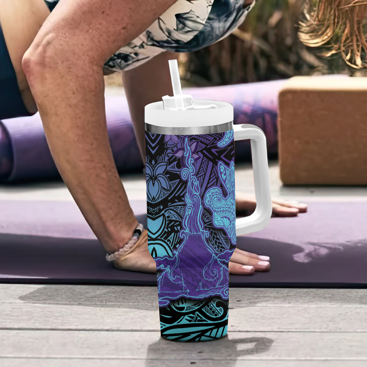 Hawaiian Volcano and Shark Tumbler With Handle Polynesian and Hibiscus Pattern Purple Cyan Gradient LT03 - Polynesian Pride