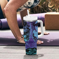 Hawaiian Volcano and Shark Tumbler With Handle Polynesian and Hibiscus Pattern Purple Cyan Gradient LT03 - Polynesian Pride