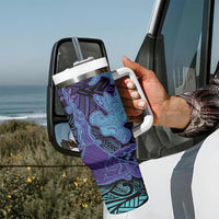 Hawaiian Volcano and Shark Tumbler With Handle Polynesian and Hibiscus Pattern Purple Cyan Gradient LT03 - Polynesian Pride
