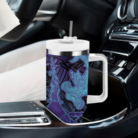 Hawaiian Volcano and Shark Tumbler With Handle Polynesian and Hibiscus Pattern Purple Cyan Gradient LT03 - Polynesian Pride