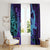 Hawaiian Volcano and Shark Window Curtain Polynesian and Hibiscus Pattern Purple Cyan Gradient