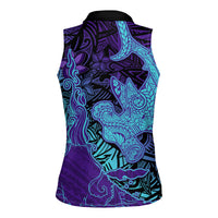 Hawaiian Volcano and Shark Women Sleeveless Polo Shirt Polynesian and Hibiscus Pattern Purple Cyan Gradient LT03 - Polynesian Pride