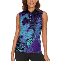 Hawaiian Volcano and Shark Women Sleeveless Polo Shirt Polynesian and Hibiscus Pattern Purple Cyan Gradient LT03 - Polynesian Pride