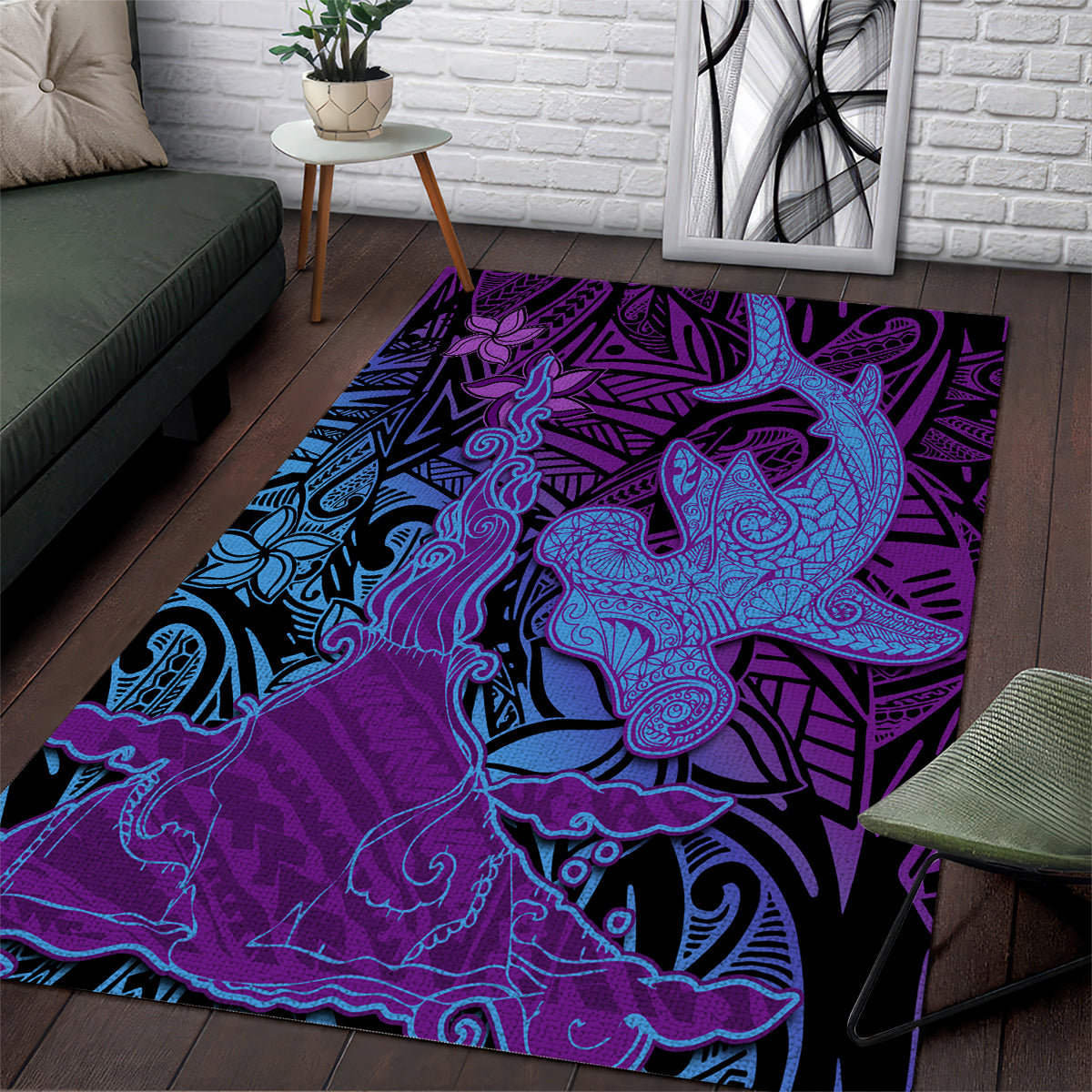 Hawaiian Volcano and Shark Area Rug Polynesian and Hibiscus Pattern Violet Gradient LT03 Violet - Polynesian Pride