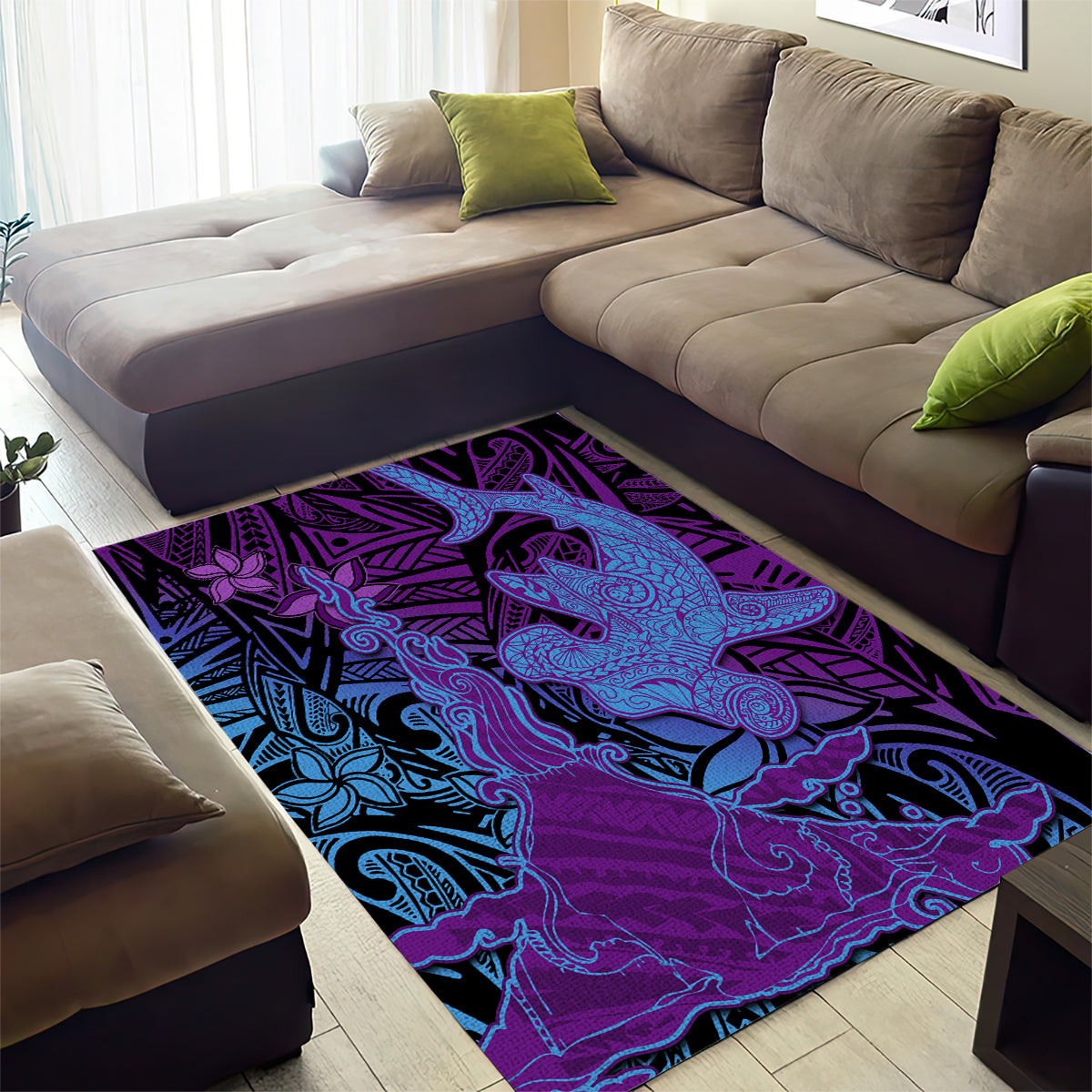 Hawaiian Volcano and Shark Area Rug Polynesian and Hibiscus Pattern Violet Gradient LT03 - Polynesian Pride