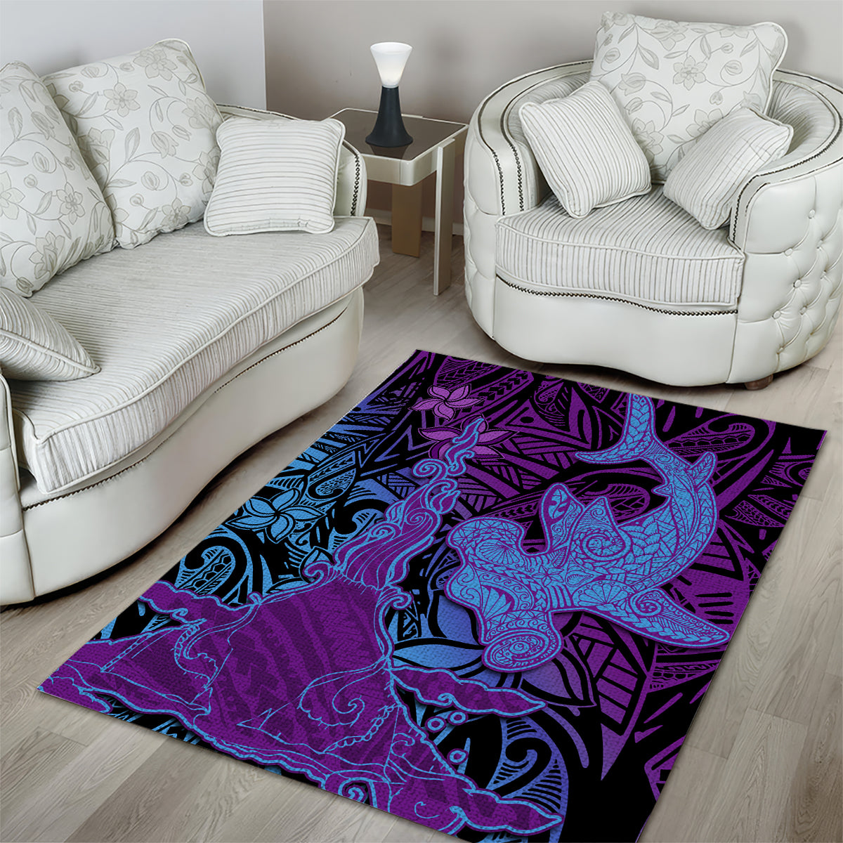 Hawaiian Volcano and Shark Area Rug Polynesian and Hibiscus Pattern Violet Gradient LT03 - Polynesian Pride