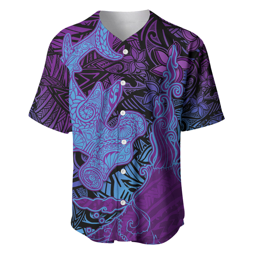 Hawaiian Volcano and Shark Baseball Jersey Polynesian and Hibiscus Pattern Violet Gradient LT03 Violet - Polynesian Pride