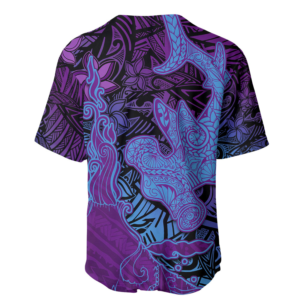 Hawaiian Volcano and Shark Baseball Jersey Polynesian and Hibiscus Pattern Violet Gradient LT03 - Polynesian Pride