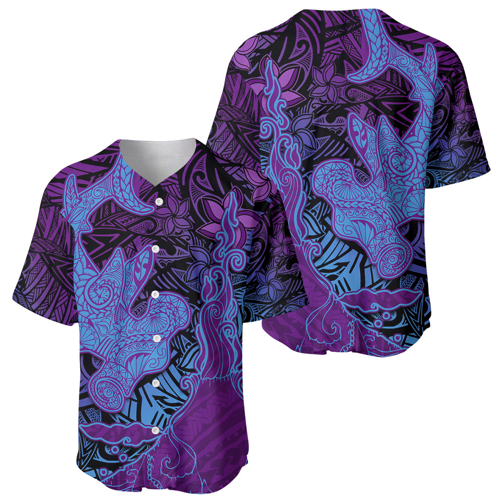Hawaiian Volcano and Shark Baseball Jersey Polynesian and Hibiscus Pattern Violet Gradient LT03 - Polynesian Pride