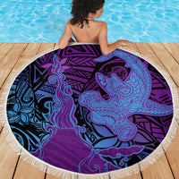 Hawaiian Volcano and Shark Beach Blanket Polynesian and Hibiscus Pattern Violet Gradient LT03 - Polynesian Pride