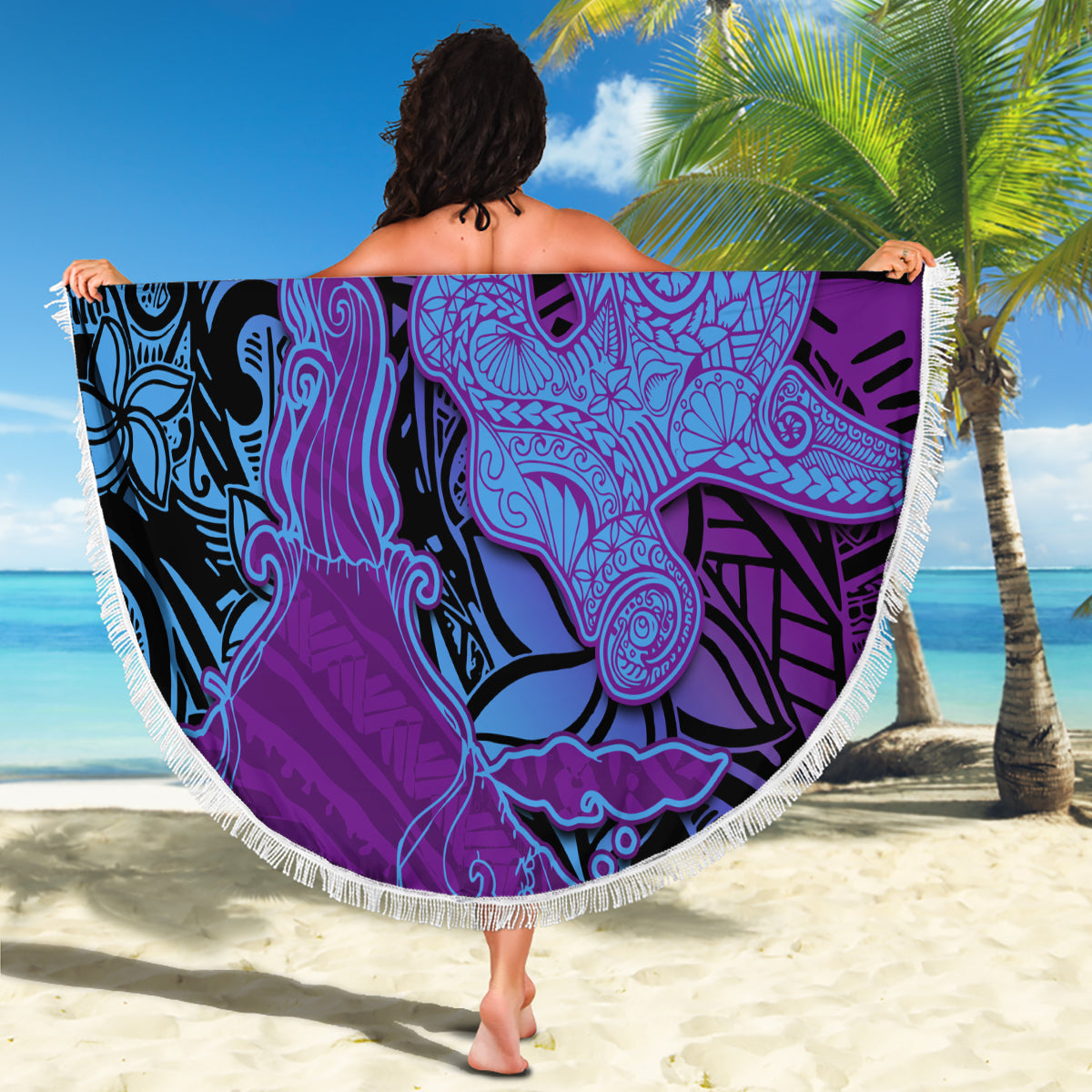 Hawaiian Volcano and Shark Beach Blanket Polynesian and Hibiscus Pattern Violet Gradient LT03 - Polynesian Pride