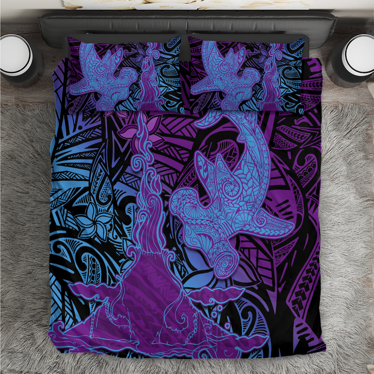 Hawaiian Volcano and Shark Bedding Set Polynesian and Hibiscus Pattern Violet Gradient