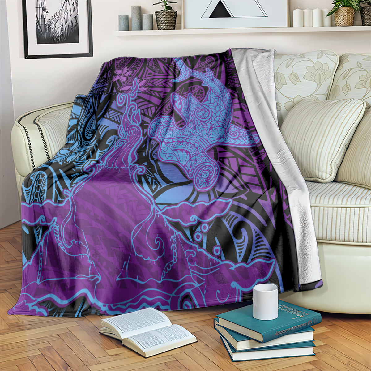 Hawaiian Volcano and Shark Blanket Polynesian and Hibiscus Pattern Violet Gradient LT03 Violet - Polynesian Pride