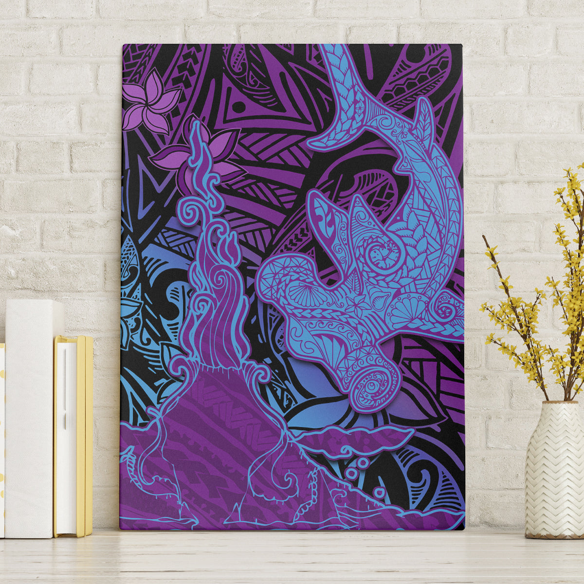 Hawaiian Volcano and Shark Canvas Wall Art Polynesian and Hibiscus Pattern Violet Gradient LT03 Without Frame Violet - Polynesian Pride