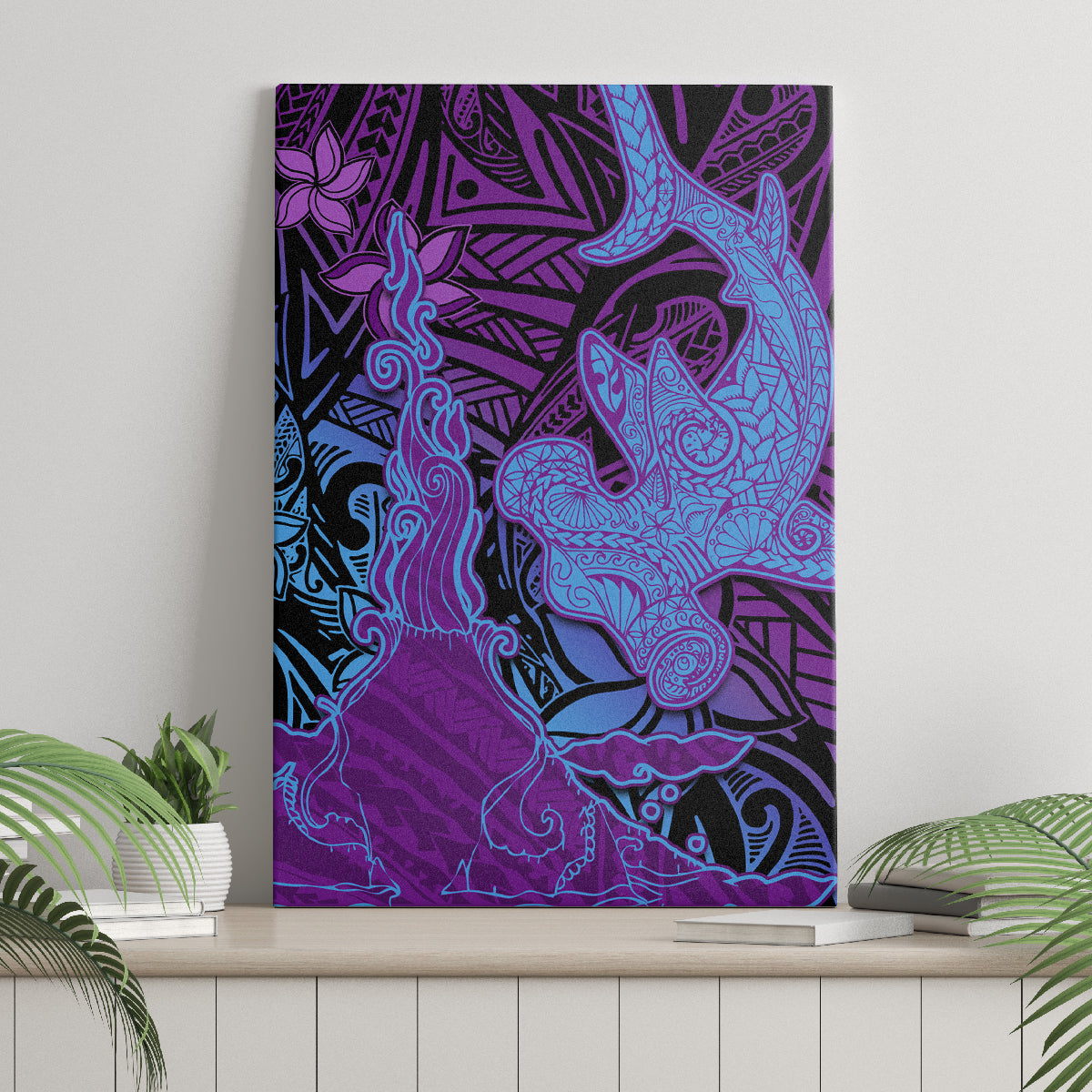 Hawaiian Volcano and Shark Canvas Wall Art Polynesian and Hibiscus Pattern Violet Gradient LT03 - Polynesian Pride