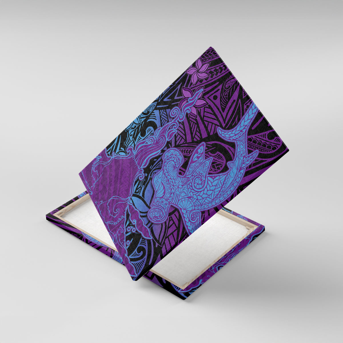 Hawaiian Volcano and Shark Canvas Wall Art Polynesian and Hibiscus Pattern Violet Gradient LT03 With Frame Violet - Polynesian Pride