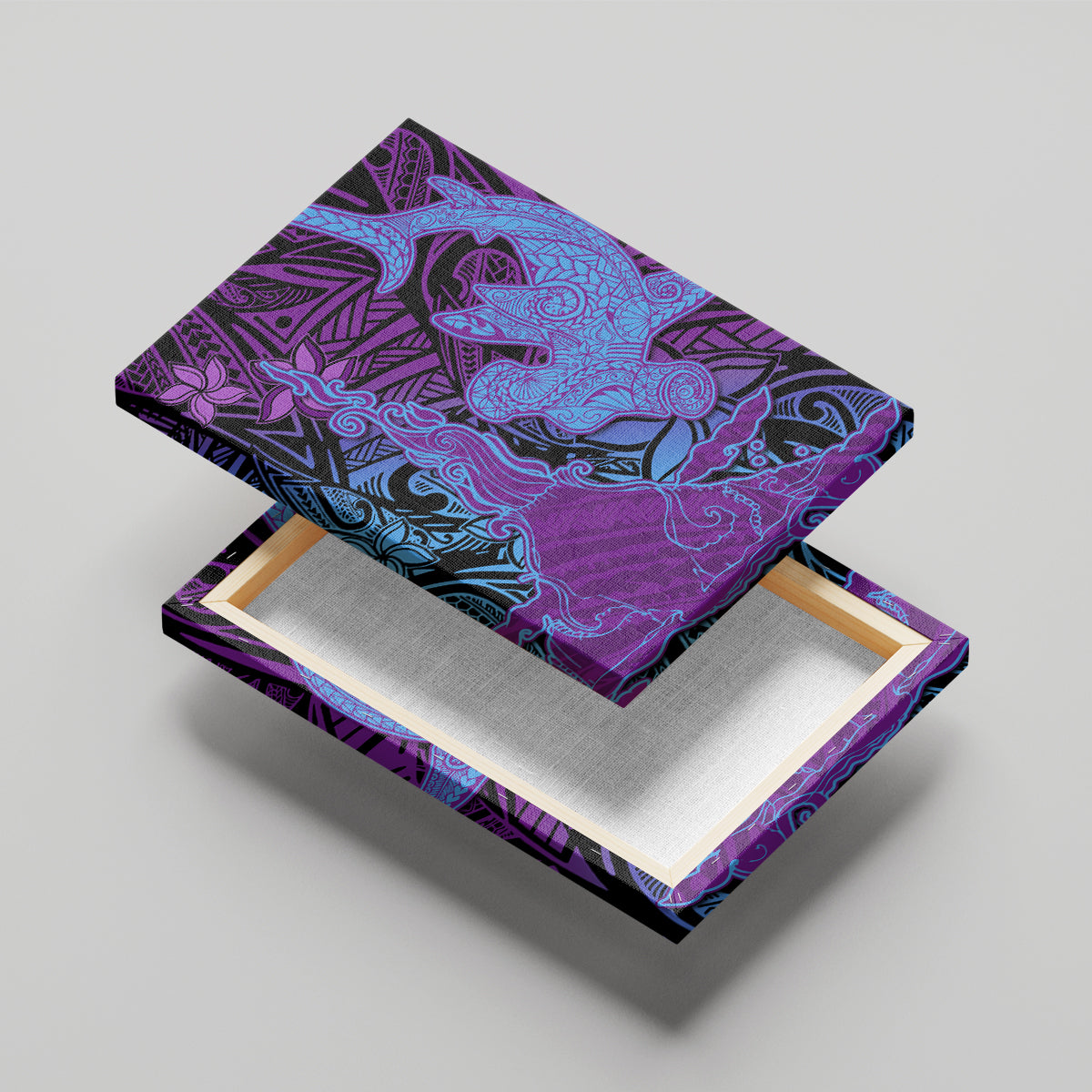 Hawaiian Volcano and Shark Canvas Wall Art Polynesian and Hibiscus Pattern Violet Gradient LT03 - Polynesian Pride