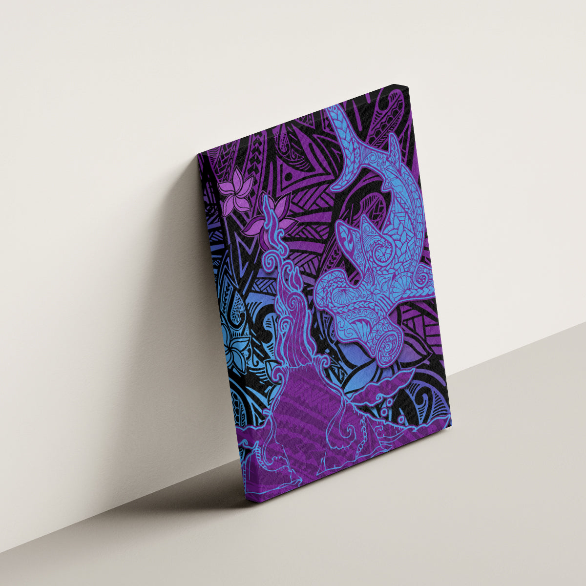 Hawaiian Volcano and Shark Canvas Wall Art Polynesian and Hibiscus Pattern Violet Gradient LT03 - Polynesian Pride