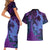 Hawaiian Volcano and Shark Couples Matching Short Sleeve Bodycon Dress and Hawaiian Shirt Polynesian and Hibiscus Pattern Violet Gradient