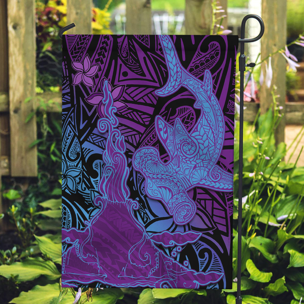 Hawaiian Volcano and Shark Garden Flag Polynesian and Hibiscus Pattern Violet Gradient LT03 Garden Flag Violet - Polynesian Pride