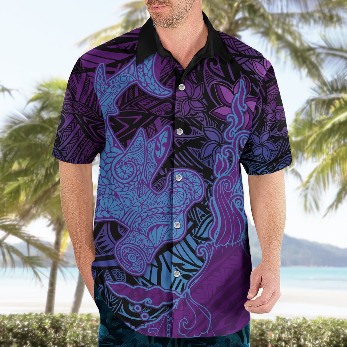 Hawaiian Volcano and Shark Hawaiian Shirt Polynesian and Hibiscus Pattern Violet Gradient LT03 - Polynesian Pride