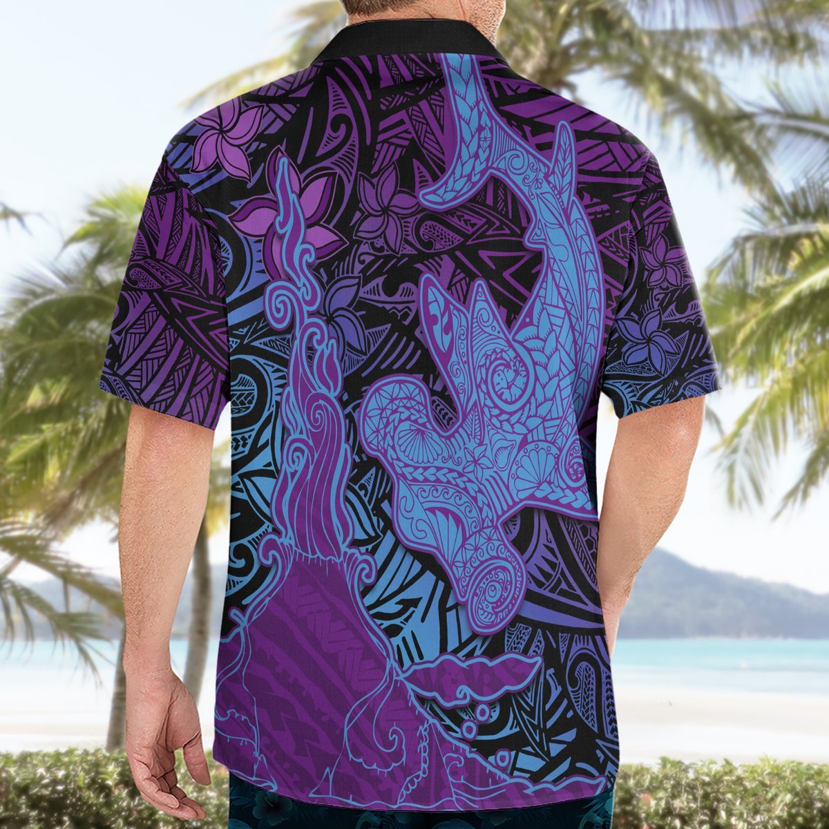 Hawaiian Volcano and Shark Hawaiian Shirt Polynesian and Hibiscus Pattern Violet Gradient LT03 - Polynesian Pride