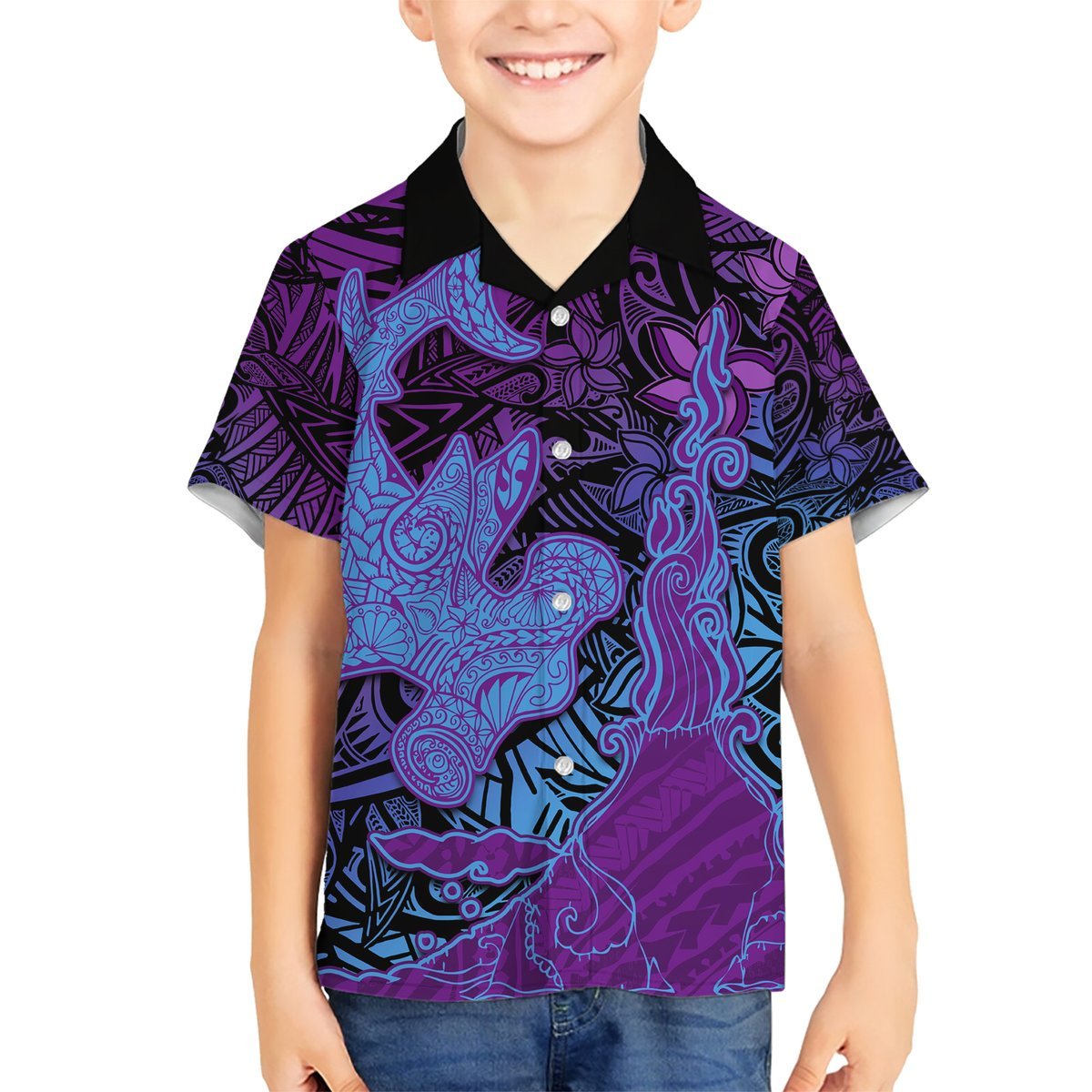 Hawaiian Volcano and Shark Hawaiian Shirt Polynesian and Hibiscus Pattern Violet Gradient LT03 - Polynesian Pride
